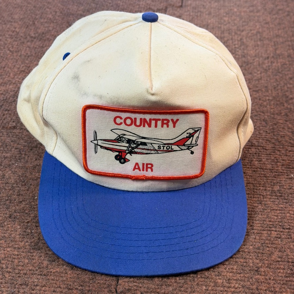 Vintage Sportsman Country Air STOL Airplane Trucker Hat Cream Blue Snapback Cap